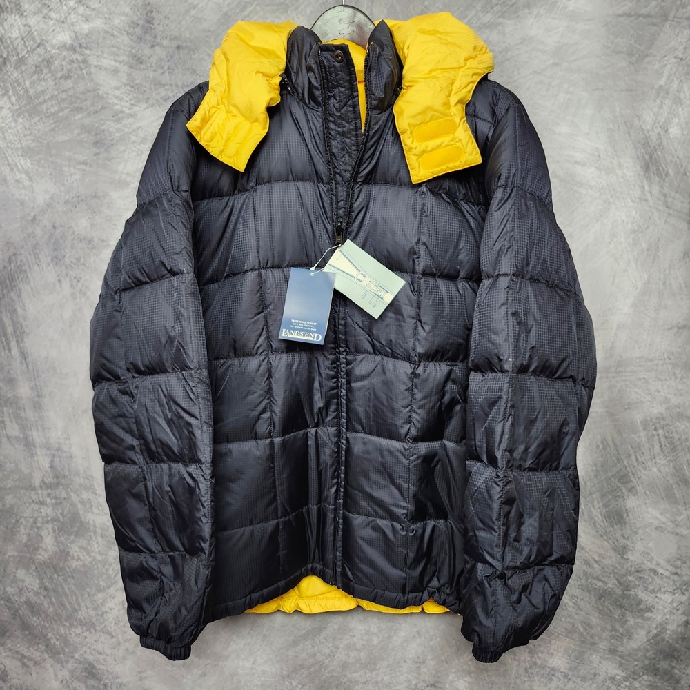VTG Lands End Reversible Goose Down Puffer Jacket Mens M Navy Yellow 86906 NWT